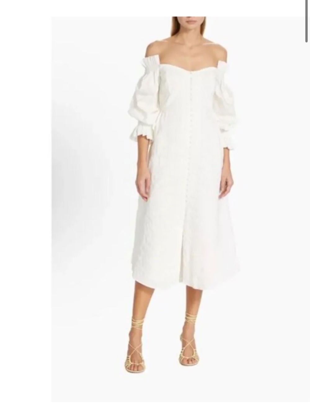 cult gaia Off‑Shoulder White Midi Dress with Puff Sleeves